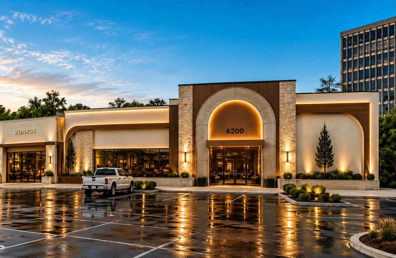 Rendering of the Emari Reserve flagship café at dusk